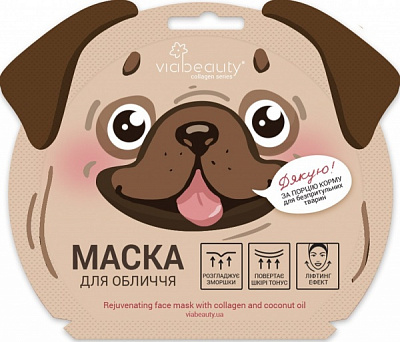 Маска тканевая для лица VIA Beauty активный лифтинг с коллагеном и маслом кокоса Песик 30 г