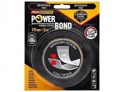 Двостороння клейка стрічка CARBON TAPE Power Bond 19 мм х 5 м прозорий