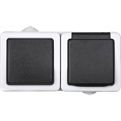 Розетка + вимикач вологозахищена із заземленням Титан зі шторками з кришкою білий із чорним 88624