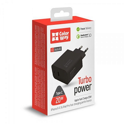 Мережевий зарядний пристрій ColorWay Power Delivery Port USB Type-C (20W) чорний (CW-CHS023PD-BK)