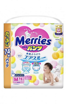 Підгузки-трусики Merries Ultra Jumbo розмір M 6-11 кг 74 шт.