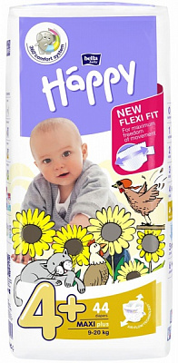 Подгузники HAPPY BELLA BABY maxi plus вес 9-20 кг. 44шт