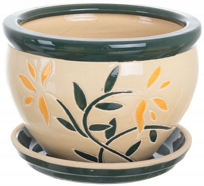 Горшок Viet Thanh Ceramic с блюдцем веточка 23х16 см VT.10051-2 круглый бежевый с зеленым 