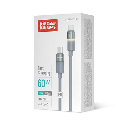 Дата-кабель ColorWay Type-C - Type-C (warm light) (PD Fast Charging 60W) 3А 1 м grey (CW-CBPDCC092-GR)