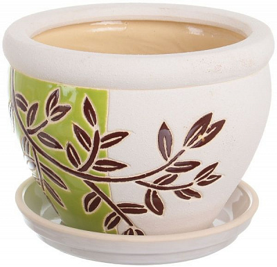 Горшок Viet Thanh Ceramic с блюдцем веточка 23х16 см VT.11004-2 круглый белый с салатовым 