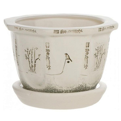 Горщик керамічний Китайський середній фігурний 3,7л кремовий із малюнком