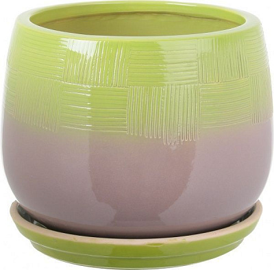 Горшок Viet Thanh Ceramic с блюдцем гармония 25х21 см VT.11416-2 круглый серый с зеленым 