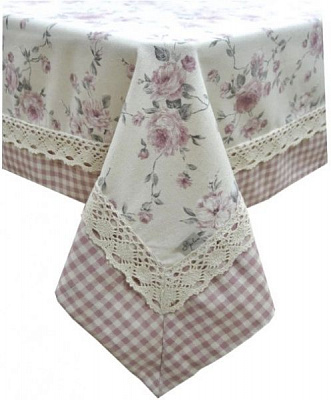 Скатерть Bella Розы с кантом розовая клетка 134x180 см Прованс 