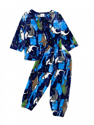 Пижама для мальчиков Luna Kids Акулы вельсофт р.110–116 синий с рисунком 