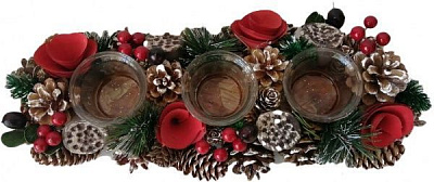 Декорация новогодняя Подсвечник тройной хвойный с шишками, цветами и ягодами 38х13 см EPI-EWJ9-015 
