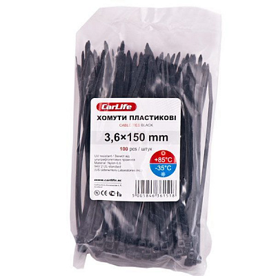 Стяжка кабельная CarLife черный, уп. 100 шт. 3,6х370мм
