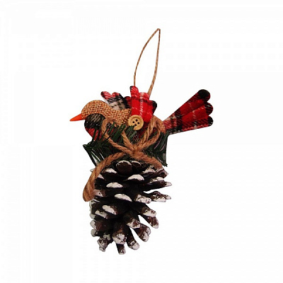 Елочная игрушка Красная птичка на шишке 9179-35 18 см 