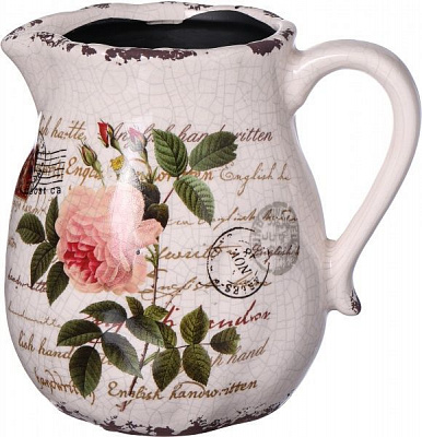 Кашпо керамическое кувшин Роза фигурный бежевый с рисунком (H080-116-2) 