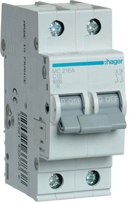 Автоматический выключатель Hager 2P 6kA C-16A 2M MC216A