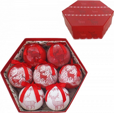 Набір ялинкових куль в подарунковій коробці Олень білий із червоним d7,5 мм 7 шт./уп.