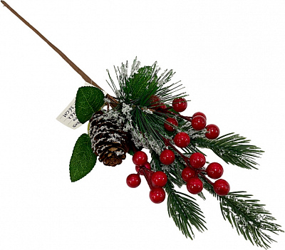Декорація гілка хвойна з червоними ягодами забілена 35 см EFSM-233005 EFSM-233149