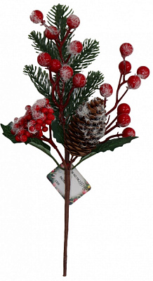 Декорация ветвь хвойная с красными ягодами и шишками заснеженная 28 см EFSM-233195 EFSM-233215