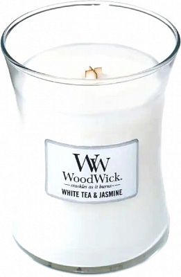 Свеча ароматическая Woodwick medium white tea & jasmine 275г 
