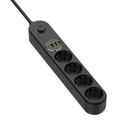 Сетевой фильтр ColorWay 4USB (Type-C PD20W + 3USB QC3.0) (45W) с заземлением 4 гн. черный 2 м CW-CHE44PDB