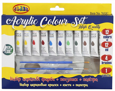 Набор акриловых красок 12 цветов + 4 кисти + 1 палитра 7652C 12 мл CLASS