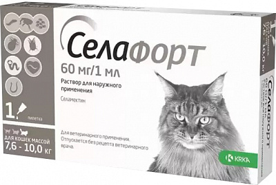 Капли KRKA от эндо/экто паразитов для кошек Селафорт вес 7,6-10кг (1 п-тка 1мл в уп) 0,25 мл