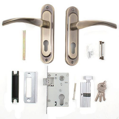 Комплект Bravo 70(ручка на планці+замок +циліндр англ. 68мм+5 кл) антична латунь