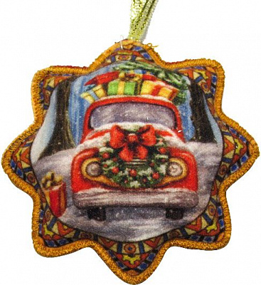 Подвеска фетровая Звездочка Машина с подарками синяя 8 см