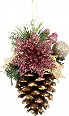 Декорация новогодняя Подвеска шишка с розовой пуансетией 10 см EPI-W01-1305/111 