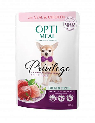 Корм Optimeal Privilege Grain Free для взрослых собак маленьких пород с телятиной и куриным филе в соусе