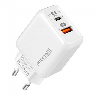 Зарядное устройство Promate PowerCube-2 18Вт Type-C PD + USB QC3.0 White