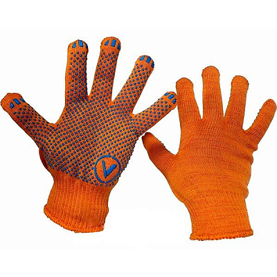 Рукавички Сталь трикотажнi ХБ/ПЕ, помаранч. колiр, синій ПВХ з покриттям ПВХ крапка XL (10)