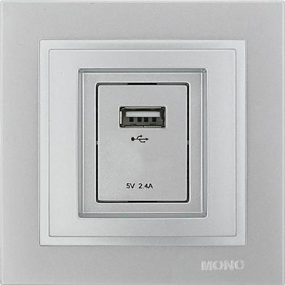 Розетка USB із заземленням Mono Despina без шторок без кришки сріблястий 102-212105-177
