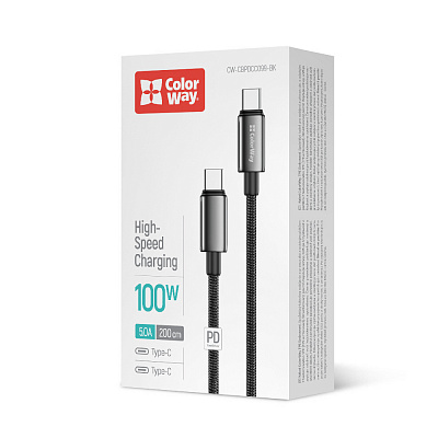 Дата-кабель ColorWay Type-C - Type-C (zinc alloy braided) (PD Fast Charging 100W) 5А 1 м black (CW-CBPDCC099-BK)