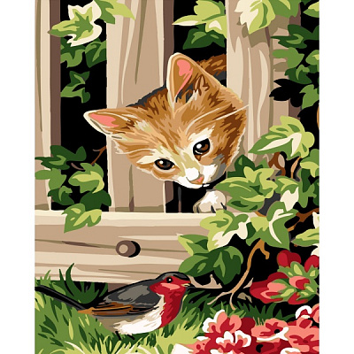 Раскраска по номерам Strateg Заинтересованный котенок и птичка 30х40 см SS-6427