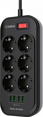 Фильтр-удлинитель Gelius Pro PowerStrip U-Power с заземлением 6 гн. черный 2 м 00000090342 