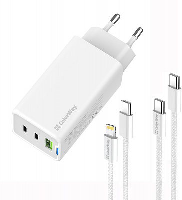 Сетевое зарядное устройство ColorWay GaN Mini 65W PD Port PPS USB (USB-2C1A) cable Type-C&Lightning (CW-CHS058PDCL-WT)
