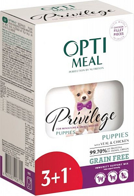 Консерва Optimeal для цуценят мален. порід OPTIMEAL, телят.та куряча у соусі, пауч, (3+1), 340г