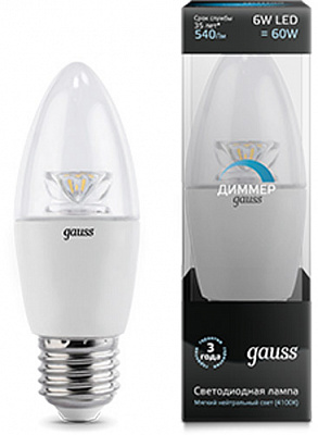 Лампа светодиодная Gauss Black Crystal Clear DIM 6 Вт C37 прозрачная E27 220 В 4100 К 103202206-D 
