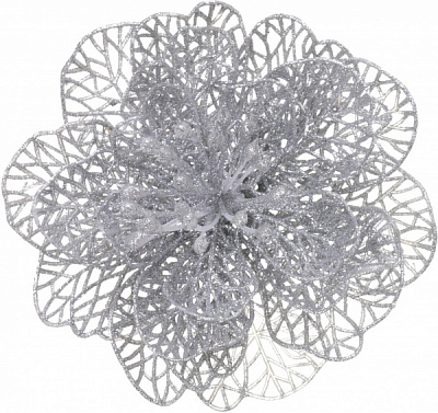 Цветок декоративный новогодняя средняя серебряная присыпка 16 см с зажимом