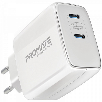 Мережевий зарядний пристрій Promate PowerPort-65 Вт, 2хUSB-C Power Delivery white