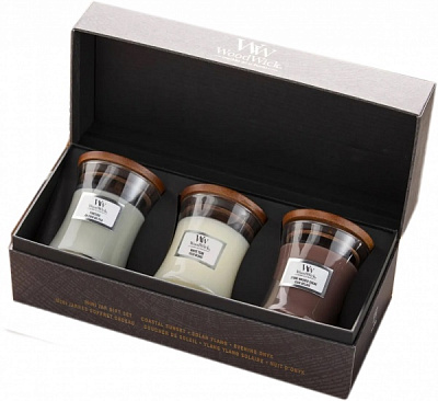 Набір свічок Woodwick міні Fireside Stone Washed Suede White Teak 3х85 г
