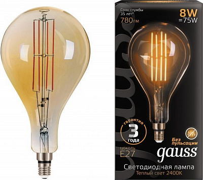 Лампа светодиодная Gauss Vintage Filament Gold 149802008 A160 8 Вт E27 2400 К 220 В прозрачная 