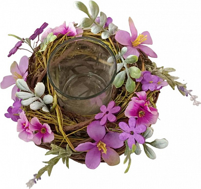 Подсвечник пасхальный с цветочками ротанг/стекло фиол. 16х9 см