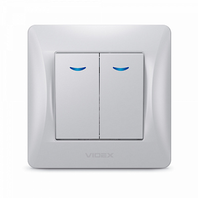 Выключатель двухклавишный Videx Binera с подсветкой серебряный шелк VF-BNSW2L-SS