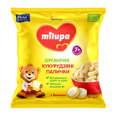 Снеки Milupa Палочки кукурузные для детей от 7мес с бананом и витамином В1 м/у 20г