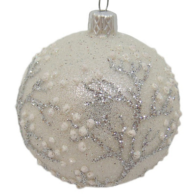 Шар новогодний стеклянный d80 6169 белый с серебром 80 мм 