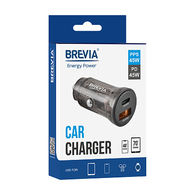 Автомобільний зарядний пристрій Brevia ePower DualCharge 45W 1xUSB-C+1xUSB-A, transparent black