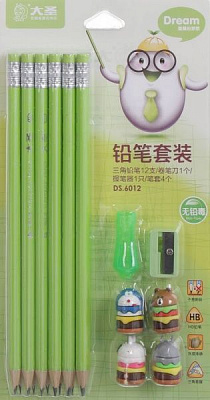 Набір олівців чорнографітних стругачка та гумка для олівця