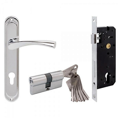 Ручка на планці Bruno + механізм 940-RB CP + циліндр без замикання 85 мм хром