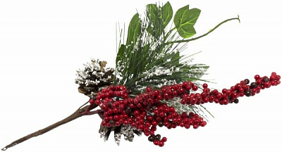 Веточка декоративная с ягодами и шишками заснеженная 22 см SL4117  